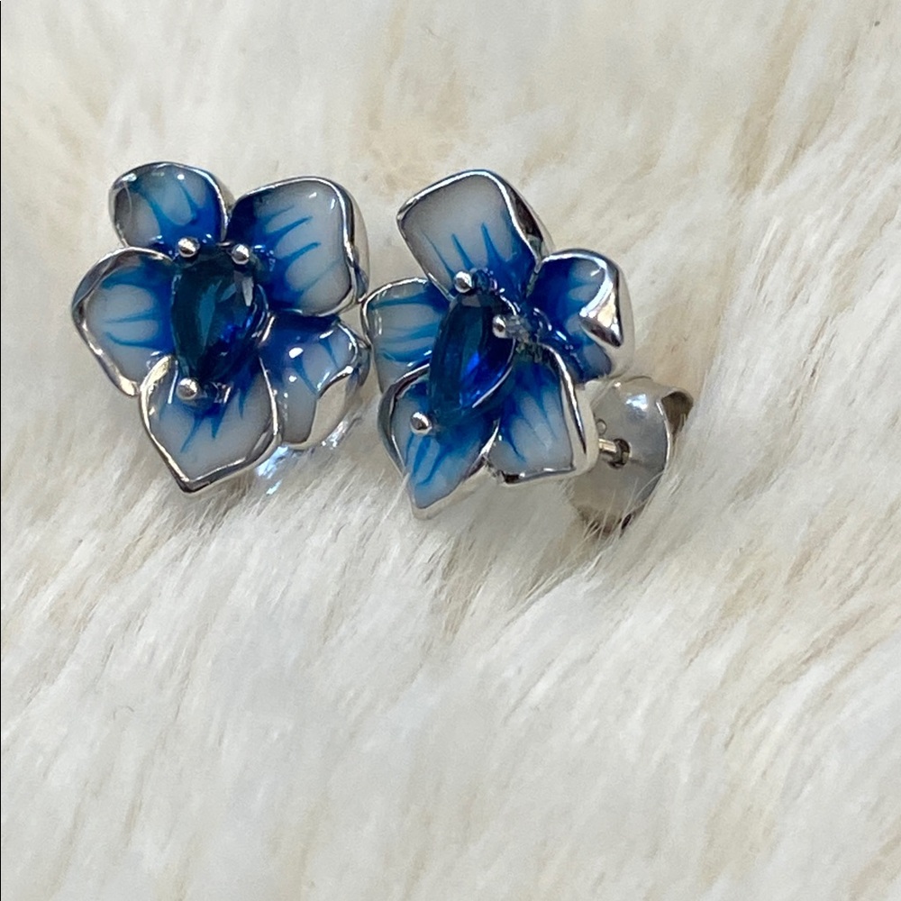 Sapphire Enamel Floral Earrings - Picture 2 of 6